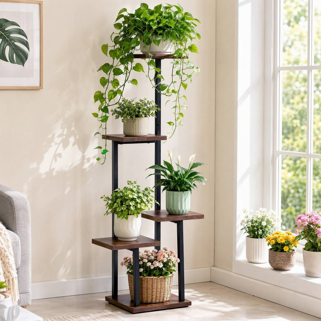 Artiss 5-Tier Plant Stand Indoor Outdoor, Metal &amp; Wood Pot Plant Shelf, Tall Display Rack for Multiple Plants, Tiered Flower Holder for Patio Garden Balcony Living Room Corner Bedroom, Brown-Home &amp; Garden > Artificial Plants > Pots, Planters &amp; Accessories-PEROZ Accessories