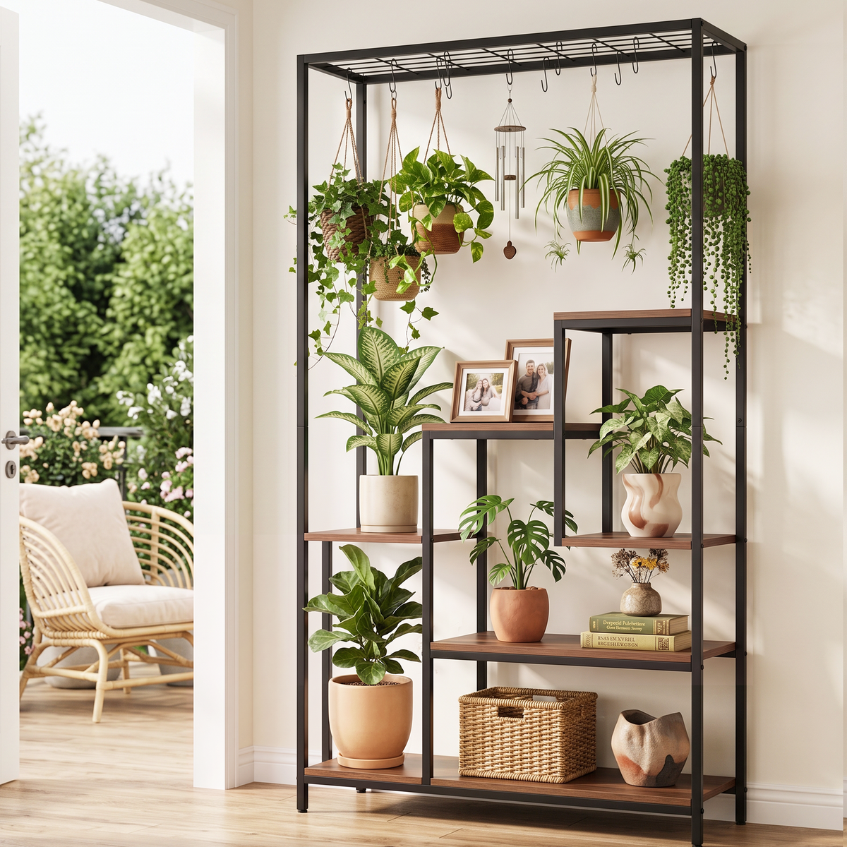 Artiss Tall Plant Stand Indoor, 6-Tier Pot Plant Shelf with Hanging Hooks, Metal &amp; Wooden Flower Holder, Large Tiered Display Rack for Patio Garden Balcony Living Room, Indoor Outdoor Use