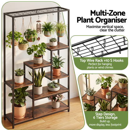 Artiss Tall Plant Stand Indoor, 6-Tier Pot Plant Shelf with Hanging Hooks, Metal &amp; Wooden Flower Holder, Large Tiered Display Rack for Patio Garden Balcony Living Room, Indoor Outdoor Use