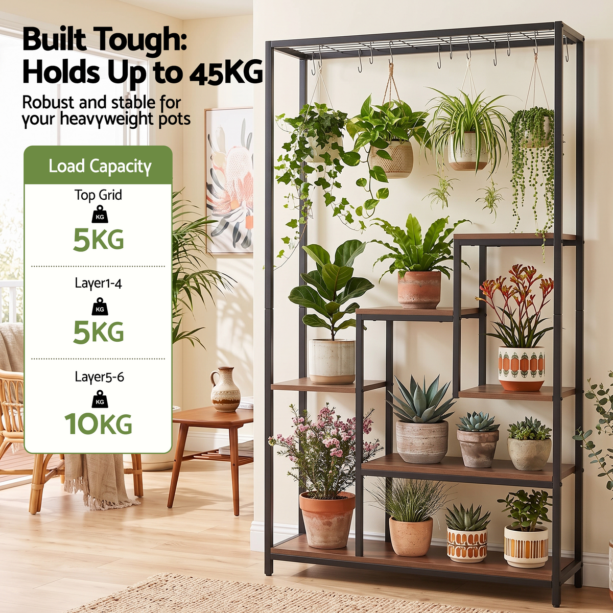 Artiss Tall Plant Stand Indoor, 6-Tier Pot Plant Shelf with Hanging Hooks, Metal &amp; Wooden Flower Holder, Large Tiered Display Rack for Patio Garden Balcony Living Room, Indoor Outdoor Use