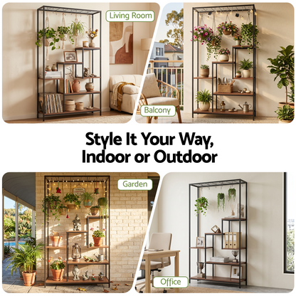 Artiss Tall Plant Stand Indoor, 6-Tier Pot Plant Shelf with Hanging Hooks, Metal &amp; Wooden Flower Holder, Large Tiered Display Rack for Patio Garden Balcony Living Room, Indoor Outdoor Use
