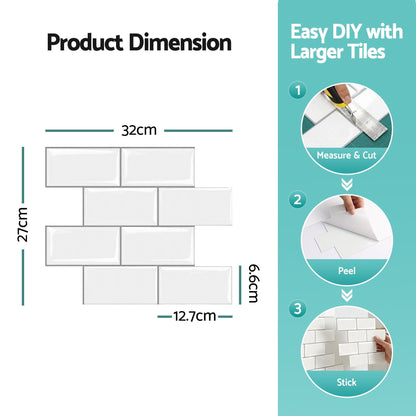 Artiss 3D Peel and Stick Wall Tiles Self Adhesive Subway Backsplash 10 Sheets, White-Home &amp; Garden > Decor > Wallpaper-PEROZ Accessories