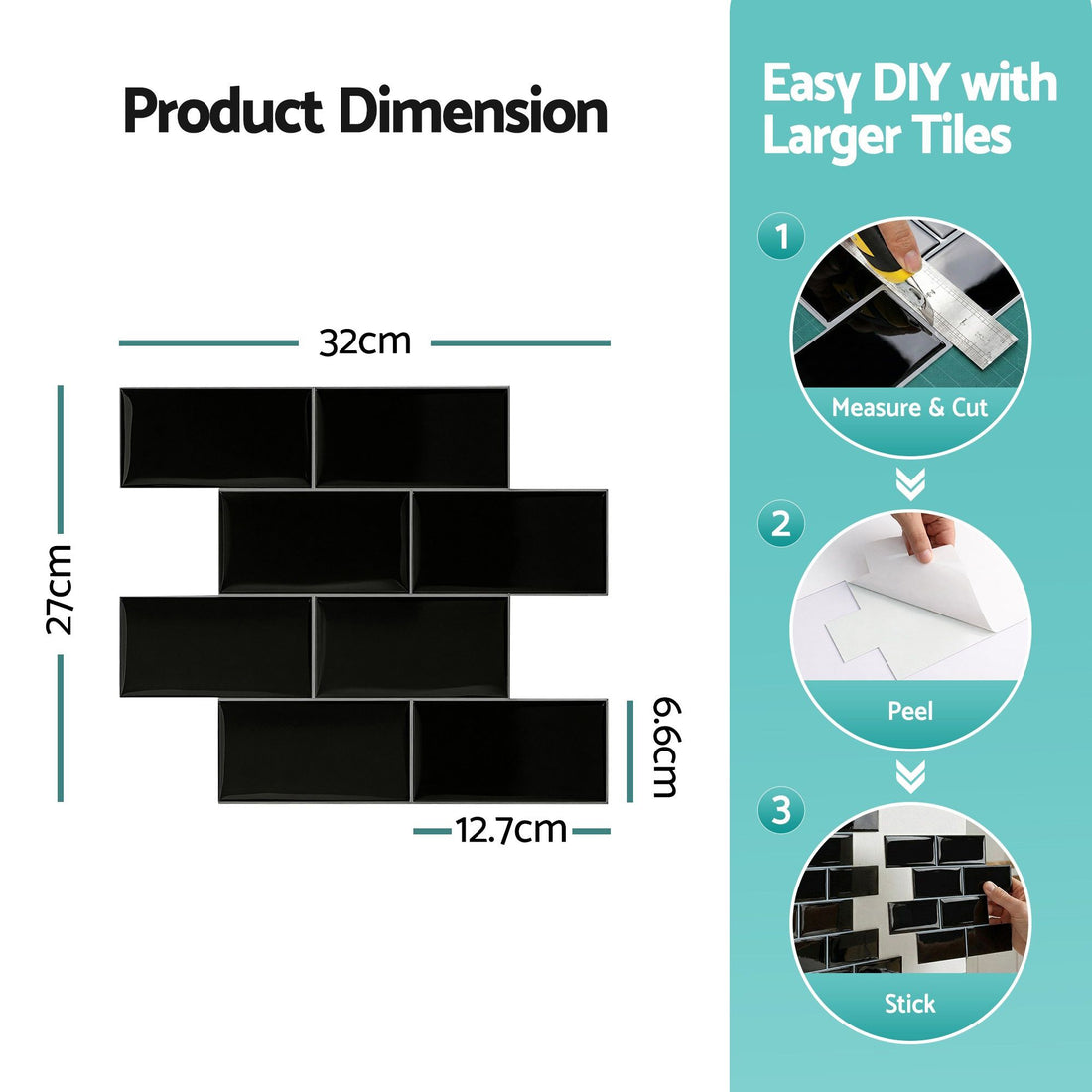Artiss 3D Peel and Stick Wall Tiles Self Adhesive Subway Backsplash 10 Sheets, Black-Home &amp; Garden > Decor > Wallpaper-PEROZ Accessories