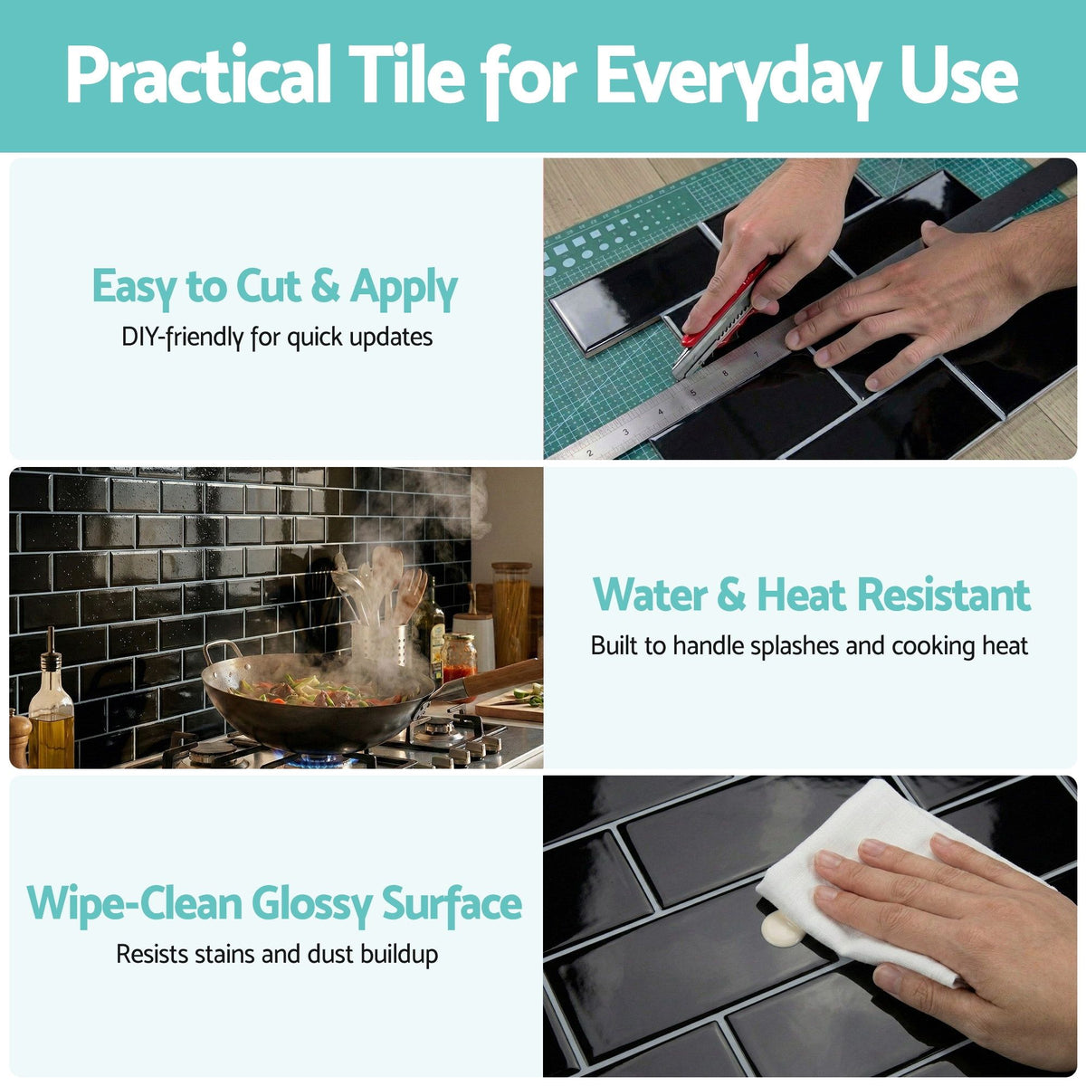 Artiss 3D Peel and Stick Wall Tiles Self Adhesive Subway Backsplash 10 Sheets, Black-Home &amp; Garden > Decor > Wallpaper-PEROZ Accessories