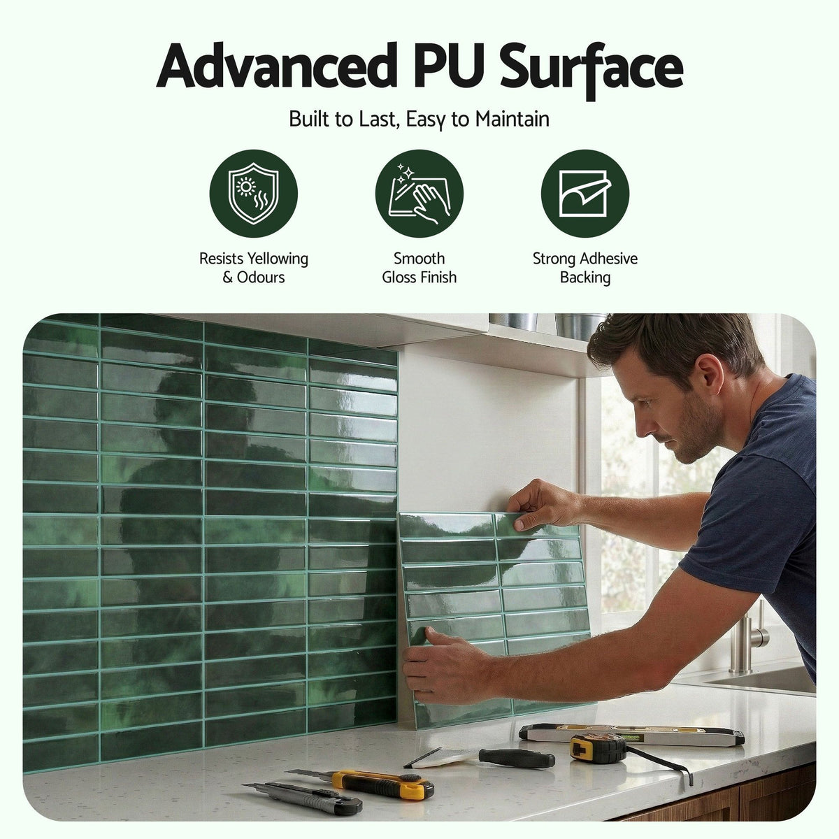 Artiss 3D Peel and Stick Wall Tiles Self Adhesive LinearGrid Backsplash 10 Sheets, Green-Home &amp; Garden > Decor > Wallpaper-PEROZ Accessories