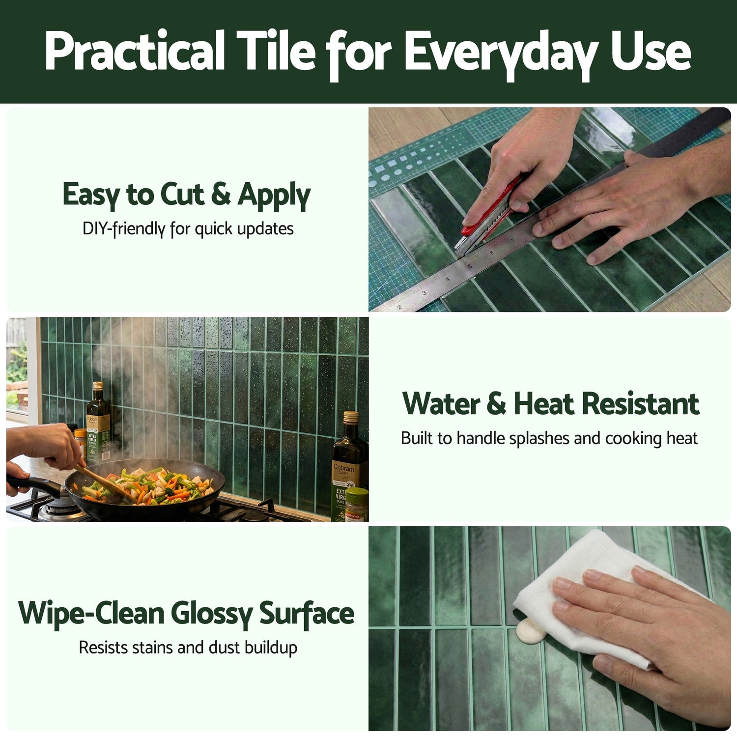 Artiss 3D Peel and Stick Wall Tiles Self Adhesive LinearGrid Backsplash 10 Sheets, Green-Home &amp; Garden > Decor > Wallpaper-PEROZ Accessories