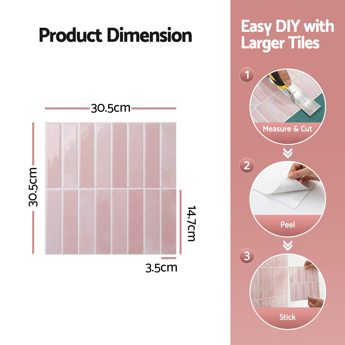 Artiss 3D Peel and Stick Wall Tiles Self Adhesive LinearGrid Backsplash 10 Sheets, Pink-Home &amp; Garden > Decor > Wallpaper-PEROZ Accessories