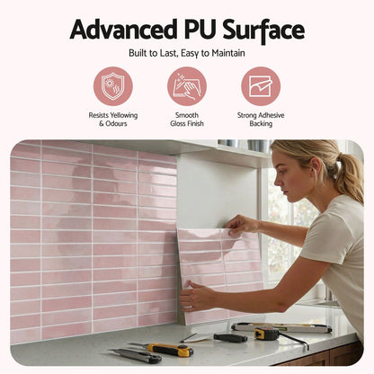 Artiss 3D Peel and Stick Wall Tiles Self Adhesive LinearGrid Backsplash 10 Sheets, Pink-Home &amp; Garden > Decor > Wallpaper-PEROZ Accessories