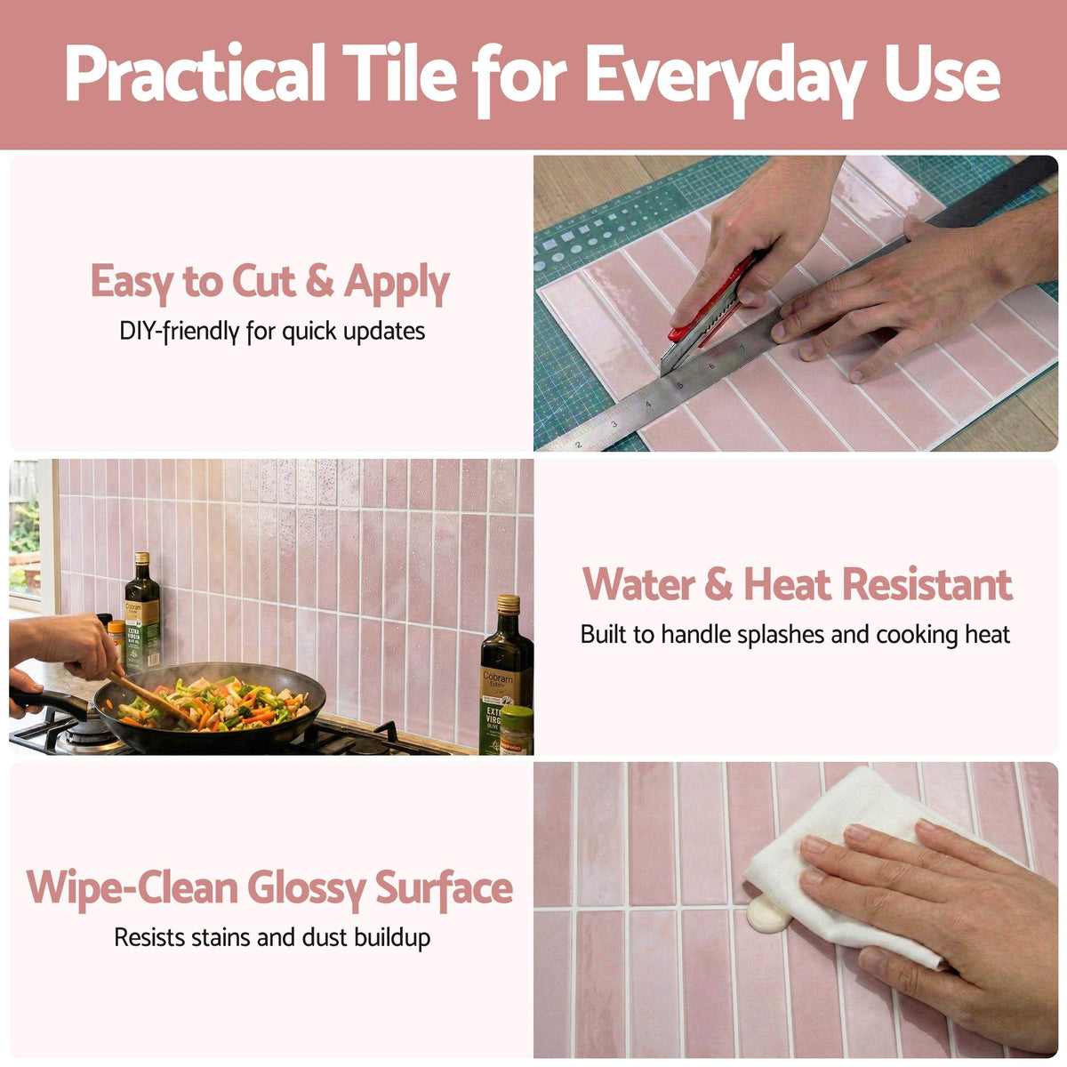 Artiss 3D Peel and Stick Wall Tiles Self Adhesive LinearGrid Backsplash 10 Sheets, Pink-Home &amp; Garden > Decor > Wallpaper-PEROZ Accessories