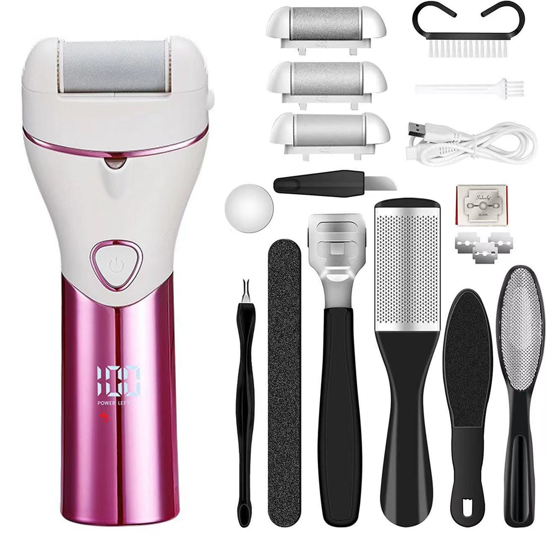 Pink And White Rechargeable Electric Foot File Callus Remover Kit - 10pc Pedicure Set with LED Display for Smooth Feet-Foot Care-PEROZ Accessories