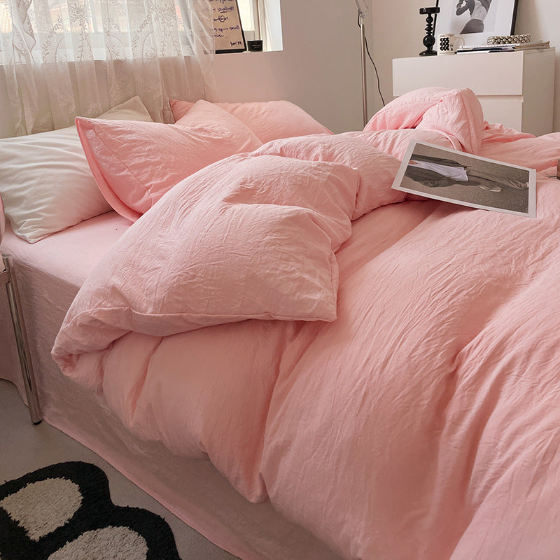Pink Solid Color Solid Color Solid Color 1.5m Bed Fitted Sheet Set with 200x230cm Duvet Cover - 4-Piece Bedding Set-Home &amp; Garden > Bedding > Bed Sheets-PEROZ Accessories