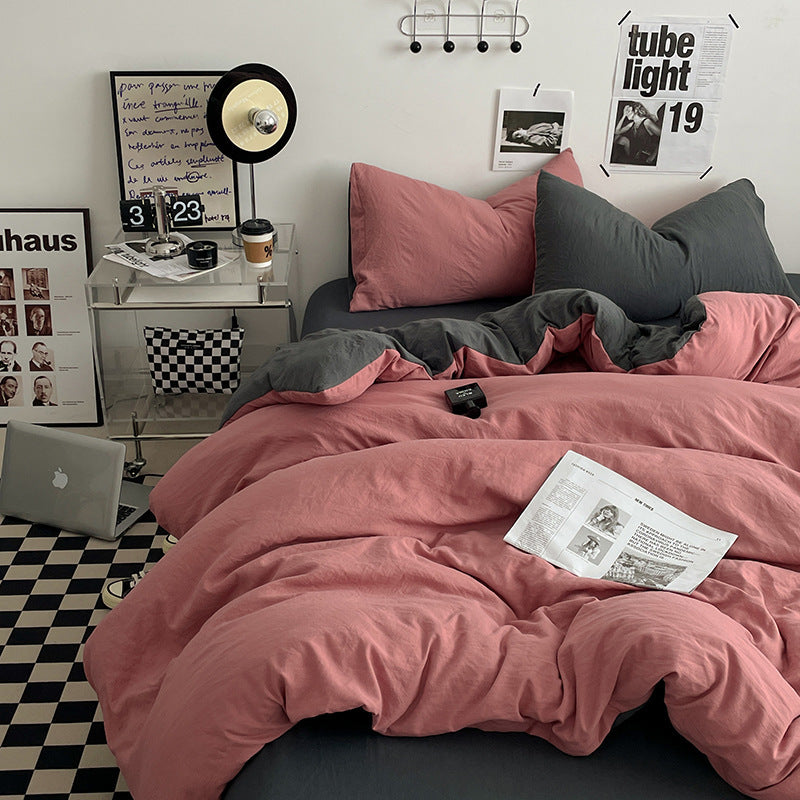 Pink-darkgrey 1.5m Bed Fitted Sheet Set with 200x230cm Duvet Cover - 4-Piece Bedding Set-Home &amp; Garden > Bedding > Bed Sheets-PEROZ Accessories