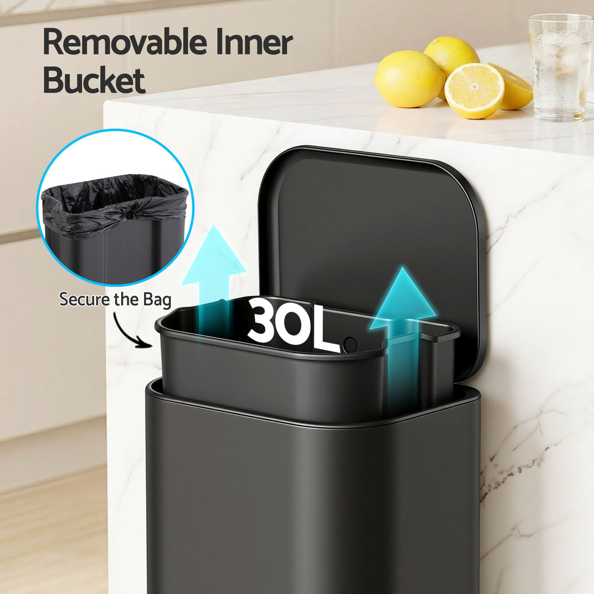 Cefito 30L Pedal Rubbish Bin Kitchen Trash Garbage Waste Can Soft Close Black-Home &amp; Garden > Kitchen Bins > Pedal Bins-PEROZ Accessories