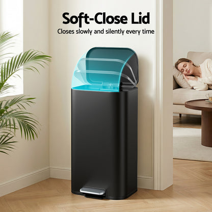 Cefito Kitchen Trash Can 40L Pedal Bins Rubbish Bin Steel with Soft Close Lid, Removable Inner Bucket, Rectangular Garbage Can Recycling Bin, Black-Home &amp; Garden > Kitchen Bins > Pedal Bins-PEROZ Accessories