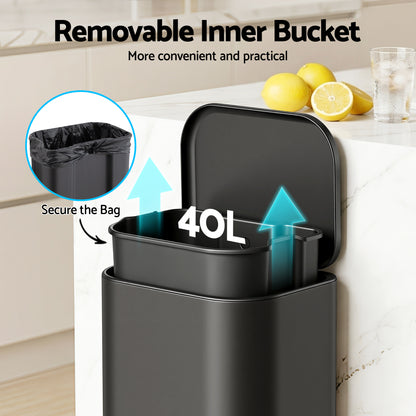 Cefito Kitchen Trash Can 40L Pedal Bins Rubbish Bin Steel with Soft Close Lid, Removable Inner Bucket, Rectangular Garbage Can Recycling Bin, Black-Home &amp; Garden > Kitchen Bins > Pedal Bins-PEROZ Accessories