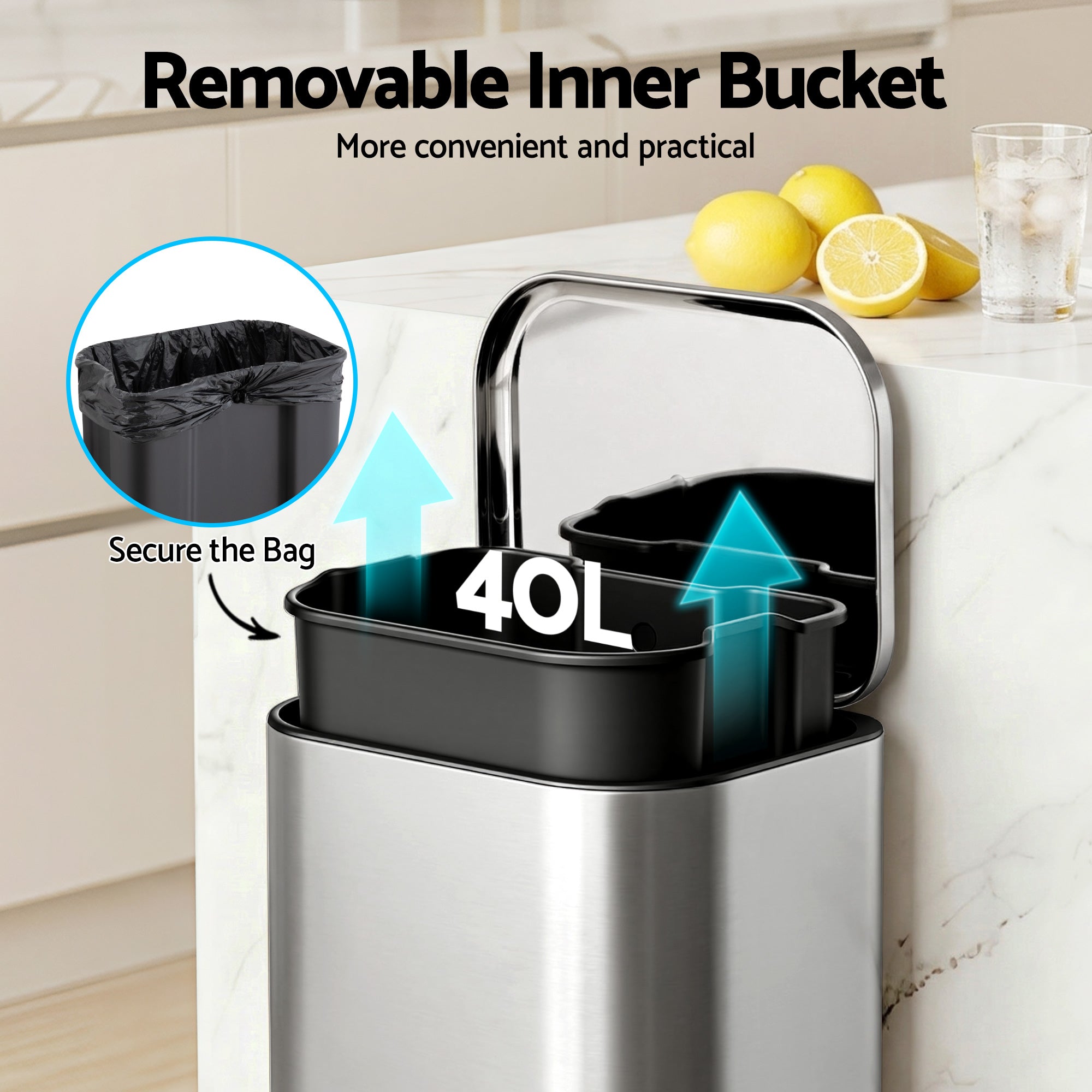 Cefito Kitchen Trash Can 40L Pedal Bins Rubbish Bin Steel with Soft Close Lid, Removable Inner Bucket, Rectangular Garbage Can Recycling Bin, Silver-Home &amp; Garden > Kitchen Bins > Pedal Bins-PEROZ Accessories