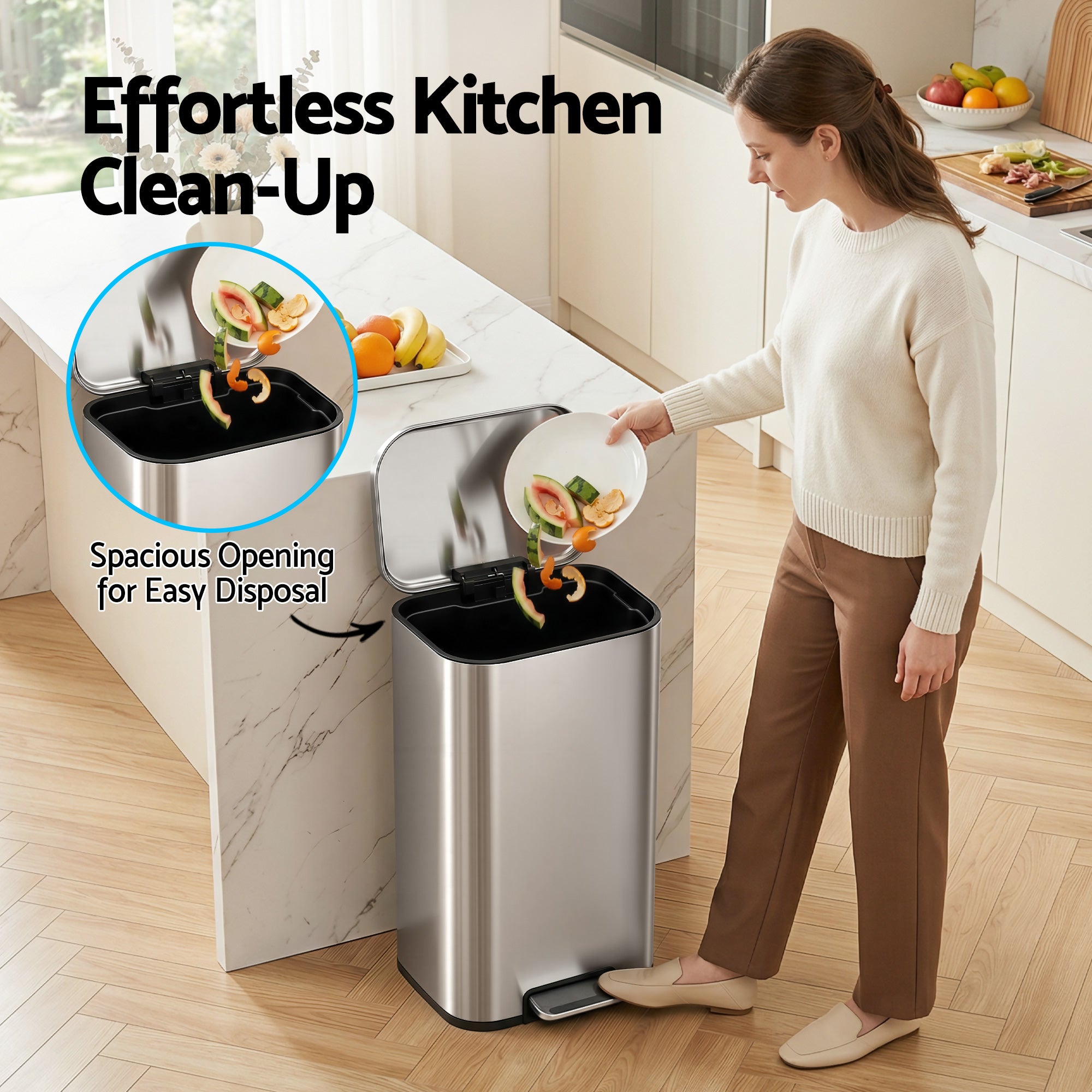 Cefito Kitchen Trash Can 40L Pedal Bins Rubbish Bin Steel with Soft Close Lid, Removable Inner Bucket, Rectangular Garbage Can Recycling Bin, Silver-Home &amp; Garden > Kitchen Bins > Pedal Bins-PEROZ Accessories
