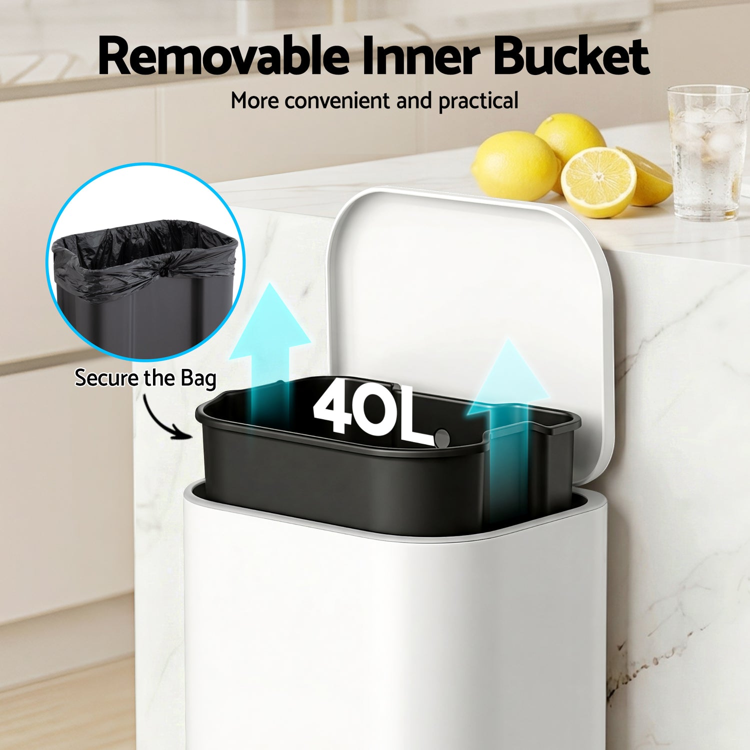 Cefito Kitchen Trash Can 40L Pedal Bins Rubbish Bin Steel with Soft Close Lid, Removable Inner Bucket, Rectangular Garbage Can Recycling Bin, White-Home &amp; Garden > Kitchen Bins > Pedal Bins-PEROZ Accessories