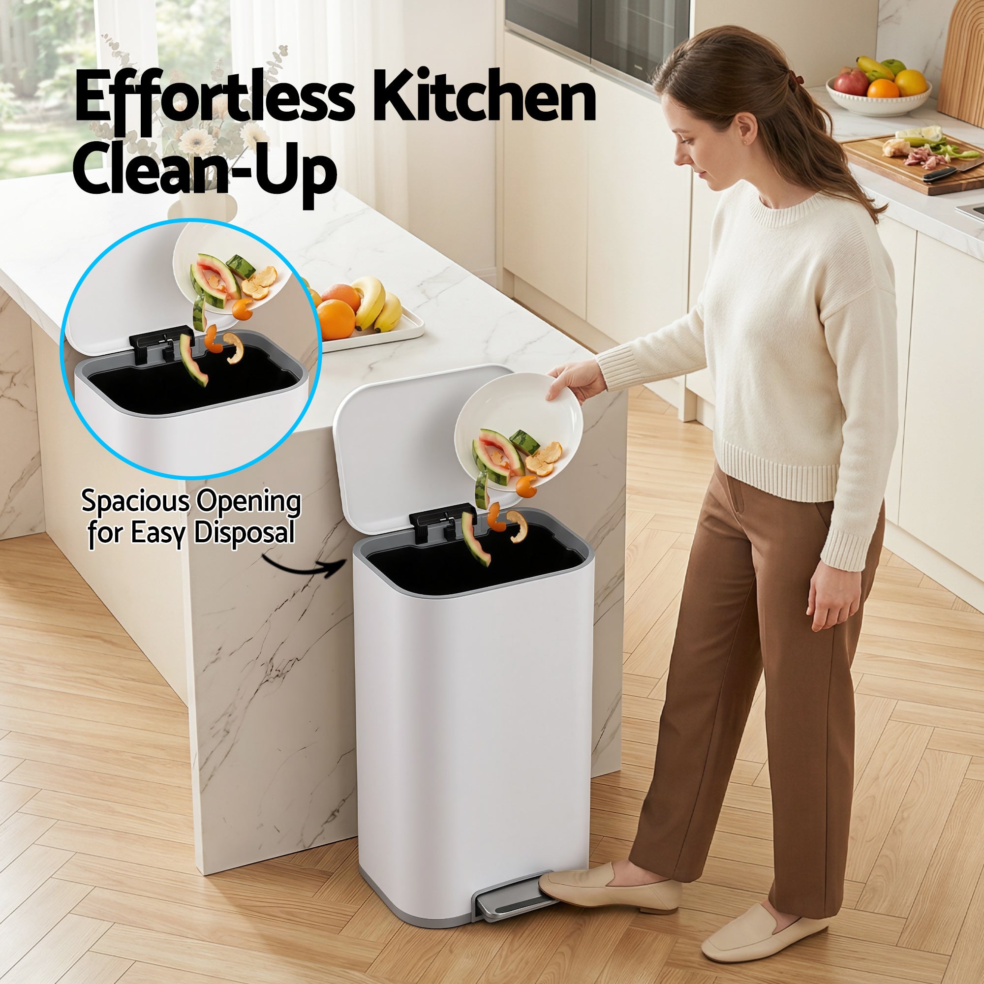 Cefito Kitchen Trash Can 40L Pedal Bins Rubbish Bin Steel with Soft Close Lid, Removable Inner Bucket, Rectangular Garbage Can Recycling Bin, White-Home &amp; Garden > Kitchen Bins > Pedal Bins-PEROZ Accessories