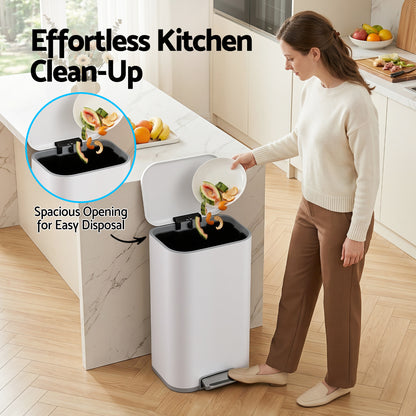 Cefito Kitchen Trash Can 40L Pedal Bins Rubbish Bin Steel with Soft Close Lid, Removable Inner Bucket, Rectangular Garbage Can Recycling Bin, White-Home &amp; Garden > Kitchen Bins > Pedal Bins-PEROZ Accessories