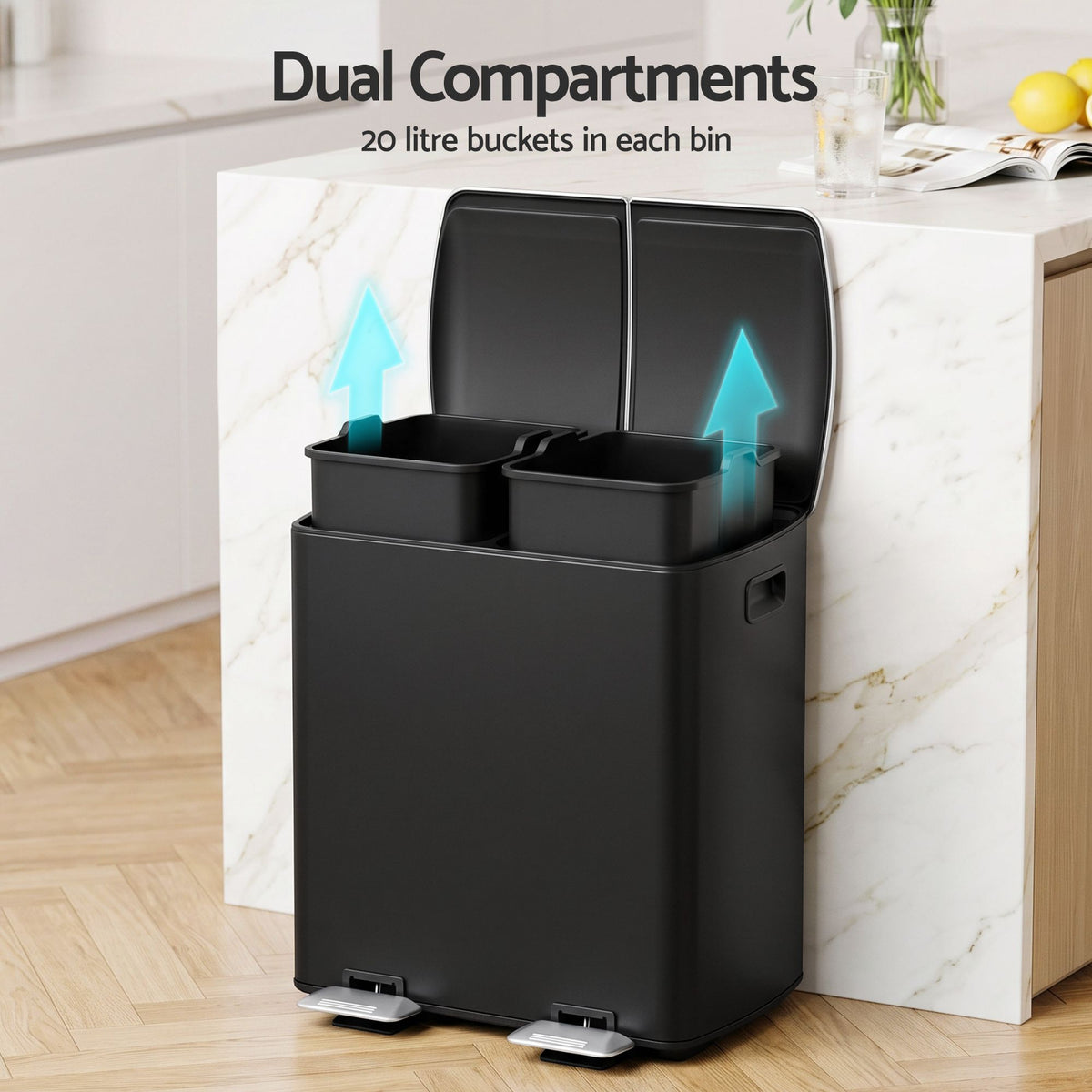 Cefito Pedal Bins Rubbish Bin Dual Compartment Waste Recycle Dustbins 40L Black-Home &amp; Garden > Kitchen Bins > Pedal Bins-PEROZ Accessories