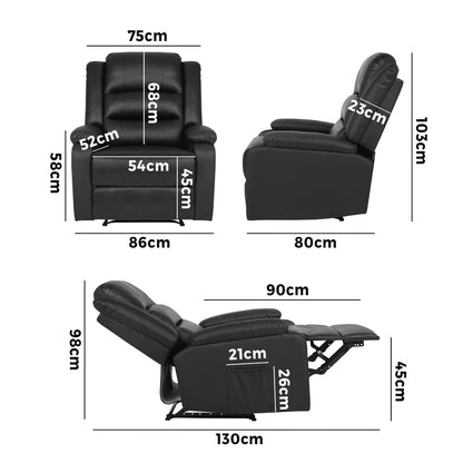 Oikiture Recliner Chair Armchair with Side Pocket Leather Black-Recliner Chair-PEROZ Accessories