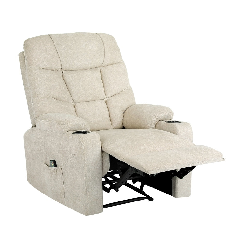 Oikiture Recliner Chair Electric Massage Chairs Heated Polyester Beige-Recliner Chair-PEROZ Accessories
