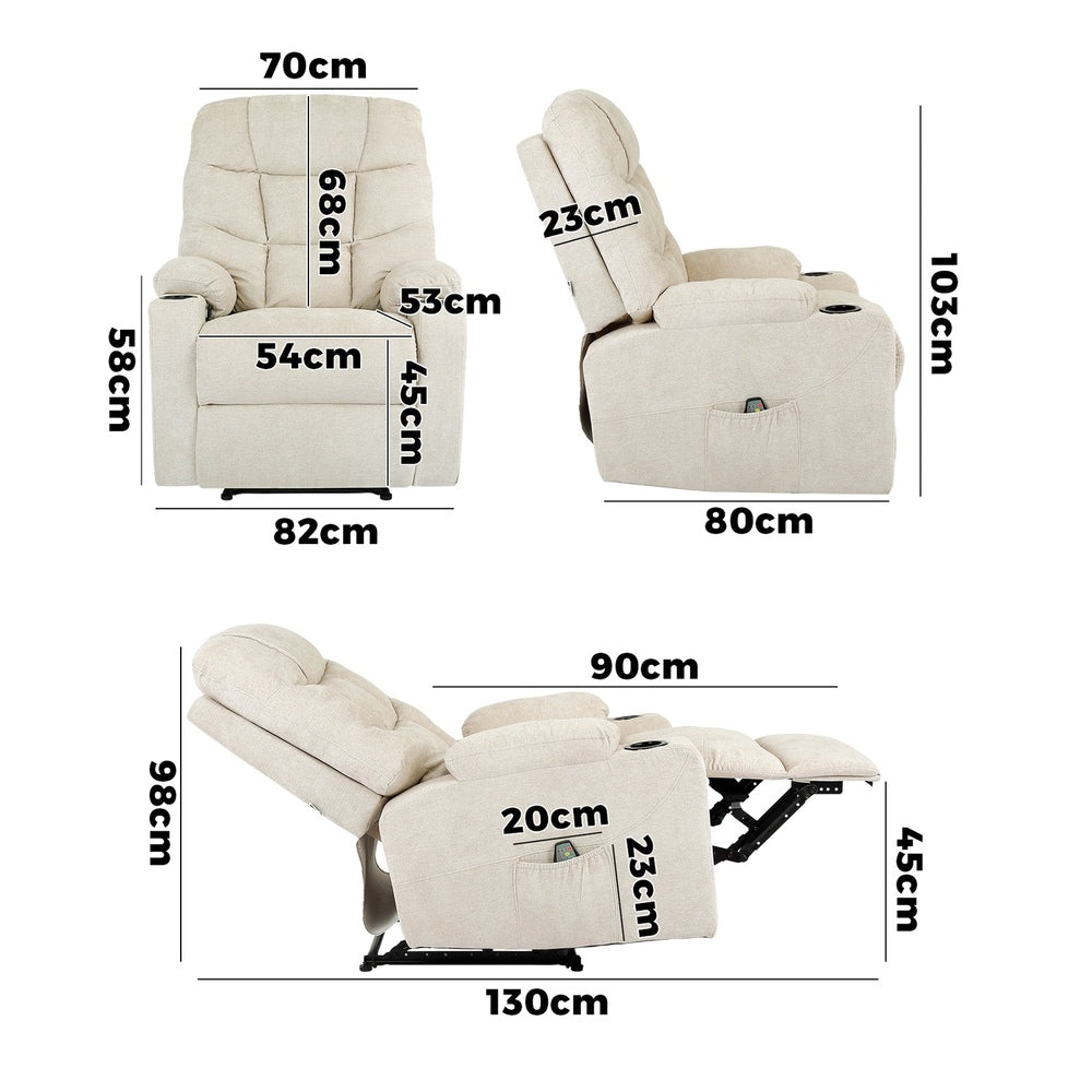 Oikiture Recliner Chair Electric Massage Chairs Heated Polyester Beige-Recliner Chair-PEROZ Accessories