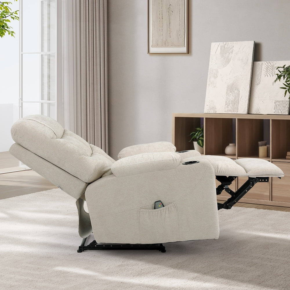 Oikiture Recliner Chair Electric Massage Chairs Heated Polyester Beige-Recliner Chair-PEROZ Accessories