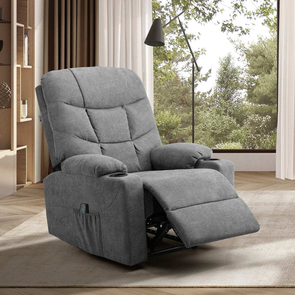 Oikiture Recliner Chair Electric Massage Chairs Heated Polyester Grey-Recliner Chair-PEROZ Accessories