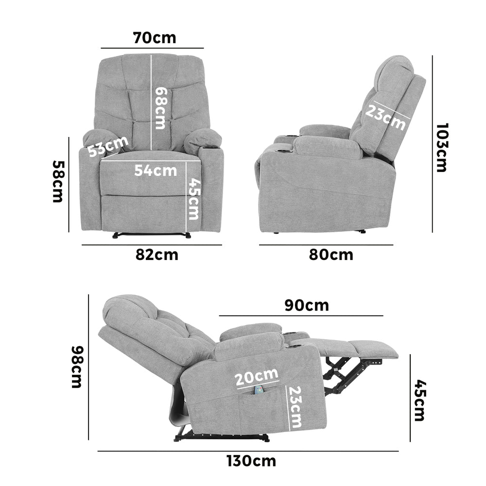 Oikiture Recliner Chair Electric Massage Chairs Heated Polyester Grey-Recliner Chair-PEROZ Accessories