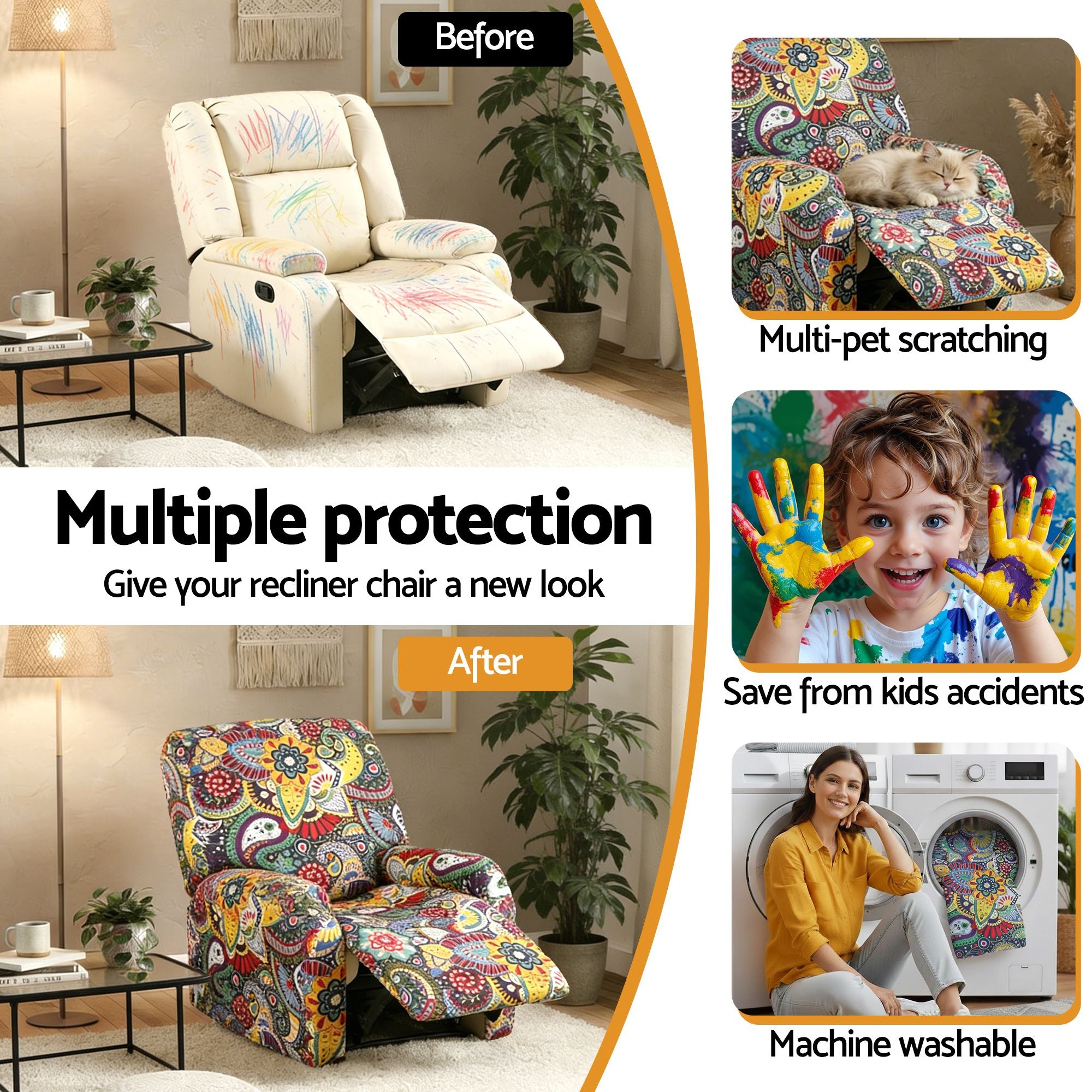 Artiss Stretch Kids Recliner Cover 4-Pieces Recliner Chair Slipcovers Printed Polyester-Furniture > Bar Stools &amp; Chairs > Arm Chairs &amp; Recliners-PEROZ Accessories