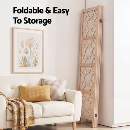 Artiss 4 Panel Room Divider Folding Privacy Screen Wooden Partition Geometric Freestanding Separator Natural 170cm