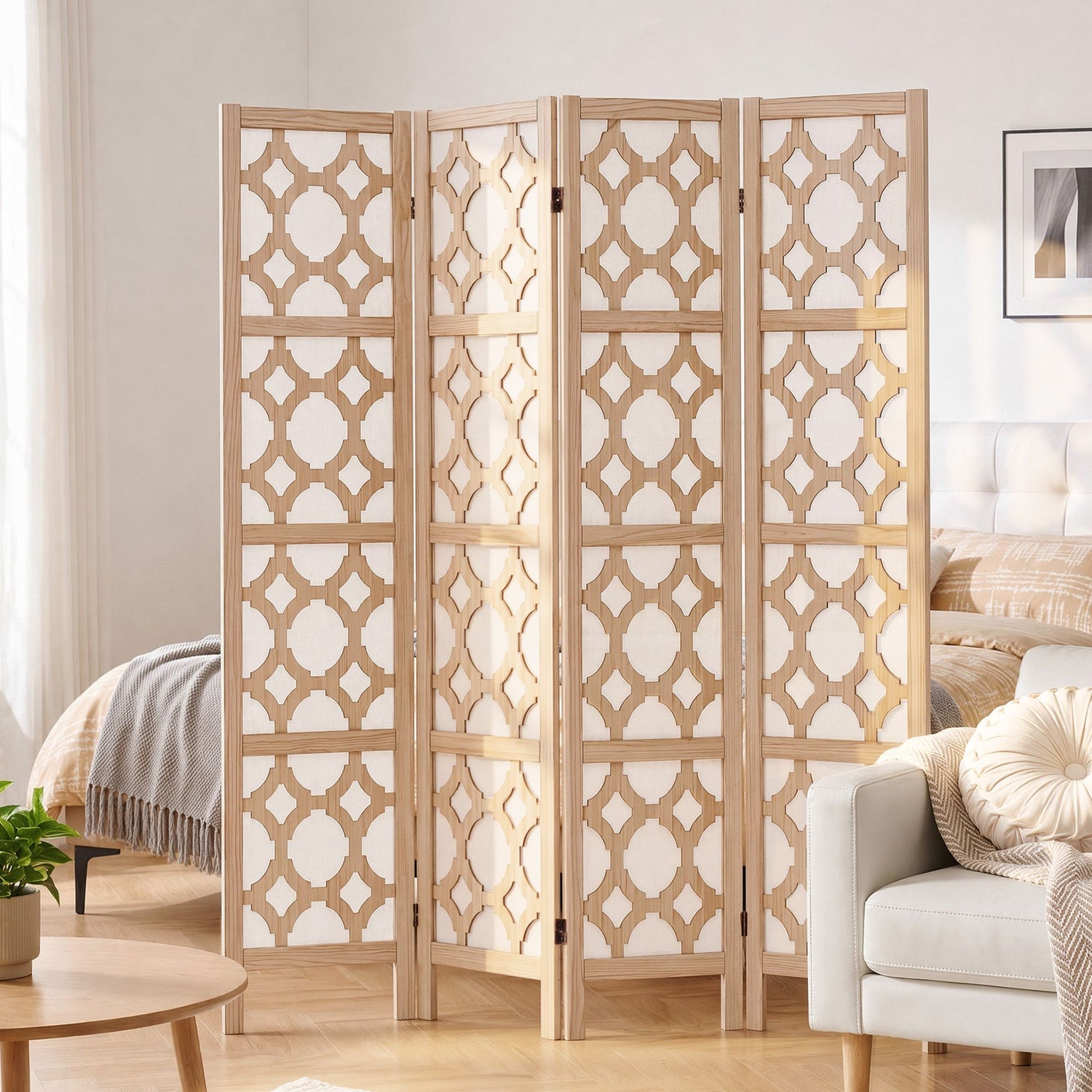 Artiss 4 Panel Room Divider Folding Privacy Screen Wooden Partition Geometric Freestanding Separator Natural 170cm