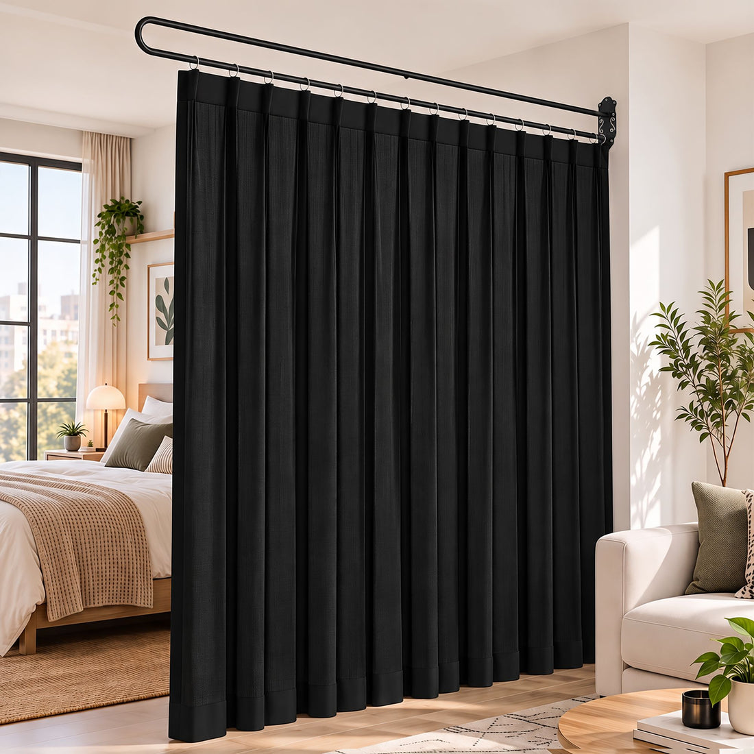 Artiss Room Divider Wall Mounted Hanging Curtain Partition Screen Black 200x220cm-Furniture > Bedroom > Room Dividers-PEROZ Accessories