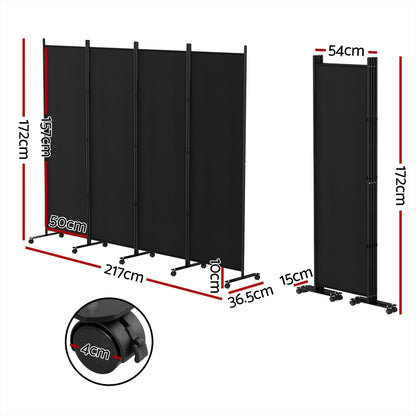 Artiss 4 Panel Room Divider Screen 217cm Wheel Fabric Black-Furniture &gt; Bedroom-PEROZ Accessories
