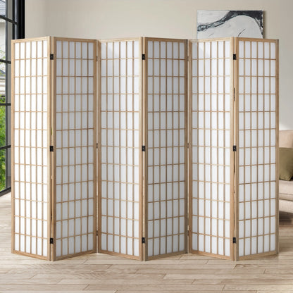 Oikiture 6 Panel Room Divider Timber Farbic Natural-Room Dividers-PEROZ Accessories