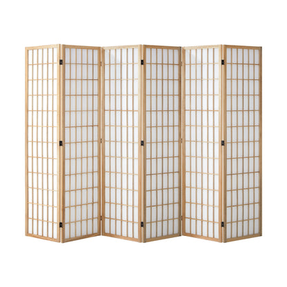 Oikiture 6 Panel Room Divider Timber Farbic Natural-Room Dividers-PEROZ Accessories