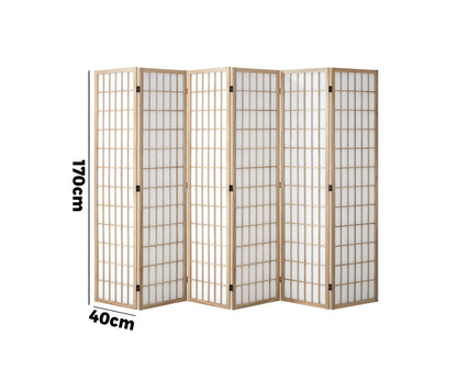 Oikiture 6 Panel Room Divider Timber Farbic Natural-Room Dividers-PEROZ Accessories