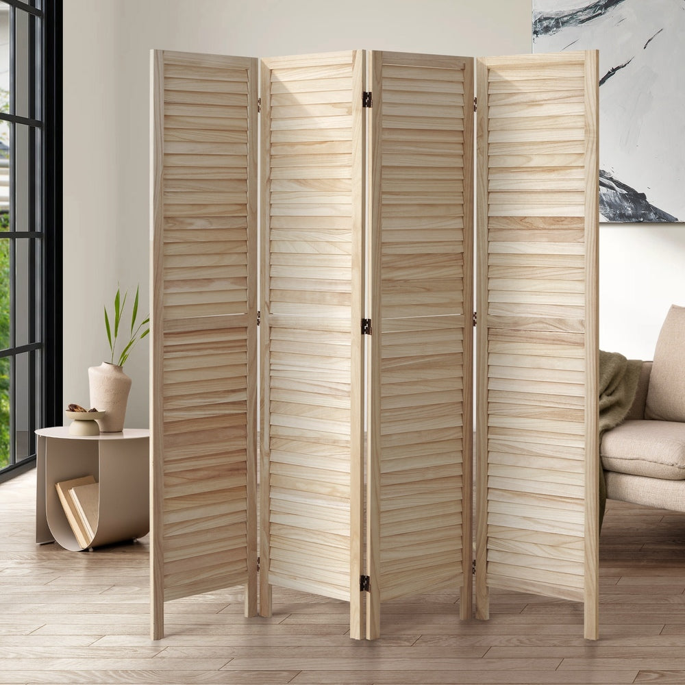 Oikiture 4 Panel Room Divider Timber Wooden Natural-Room Dividers-PEROZ Accessories