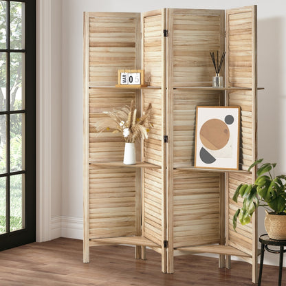Oikiture 4 Panel Room Divider With Shelves Timber Wooden Natural-Room Dividers-PEROZ Accessories