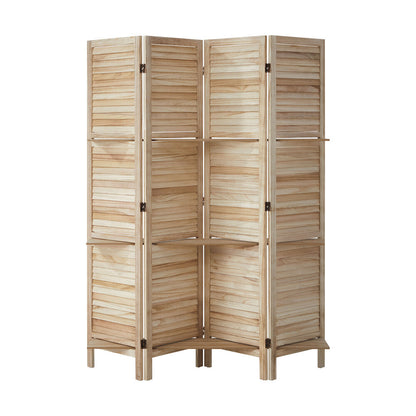 Oikiture 4 Panel Room Divider With Shelves Timber Wooden Natural-Room Dividers-PEROZ Accessories