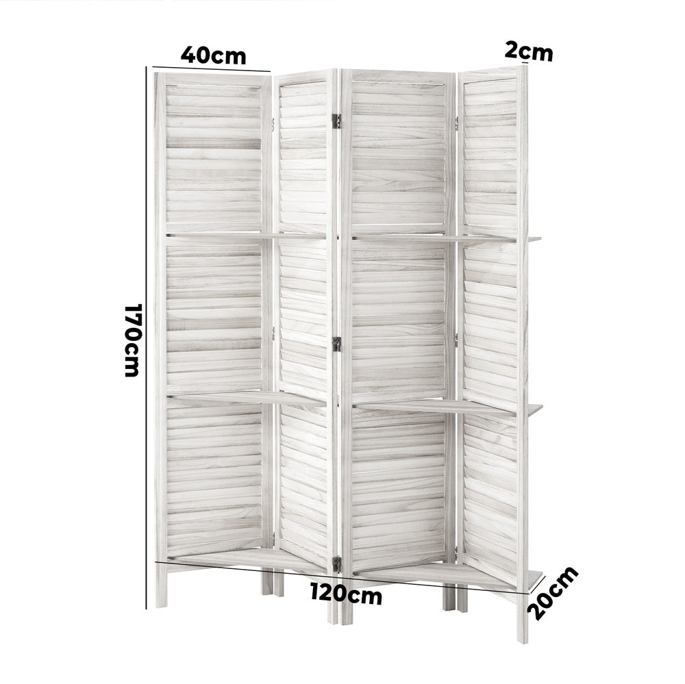 Oikiture 4 Panel Room Divider With Shelves Timber Wooden White-Room Dividers-PEROZ Accessories