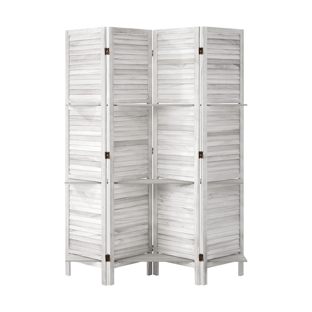 Oikiture 4 Panel Room Divider With Shelves Timber Wooden White-Room Dividers-PEROZ Accessories