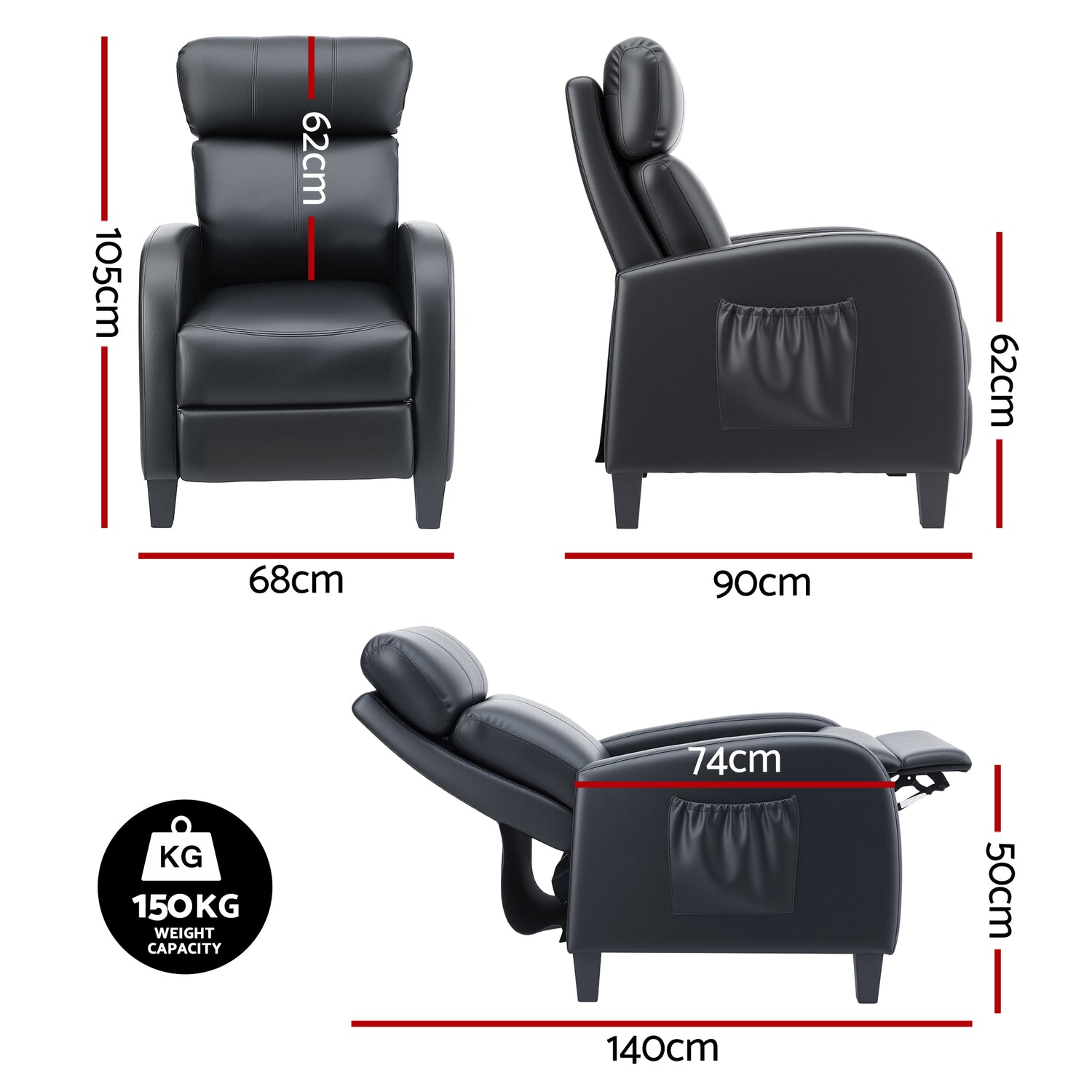 Artiss Massage Recliner Chair Small Recliner Sofa for Adults PU Leather Black-Furniture > Bar Stools &amp; Chairs > Arm Chairs &amp; Recliners-PEROZ Accessories