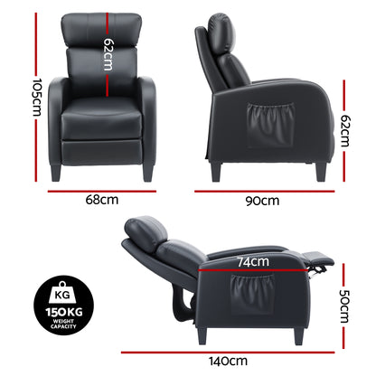 Artiss Massage Recliner Chair Small Recliner Sofa for Adults PU Leather Black-Furniture > Bar Stools &amp; Chairs > Arm Chairs &amp; Recliners-PEROZ Accessories