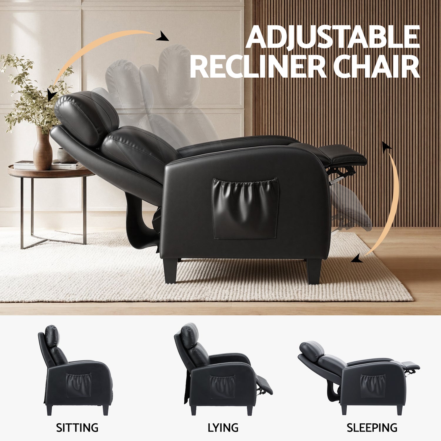 Artiss Massage Recliner Chair Small Recliner Sofa for Adults PU Leather Black-Furniture > Bar Stools &amp; Chairs > Arm Chairs &amp; Recliners-PEROZ Accessories