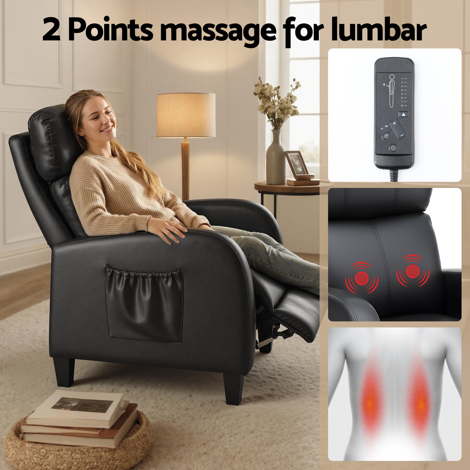 Artiss Massage Recliner Chair Small Recliner Sofa for Adults PU Leather Black-Furniture > Bar Stools &amp; Chairs > Arm Chairs &amp; Recliners-PEROZ Accessories