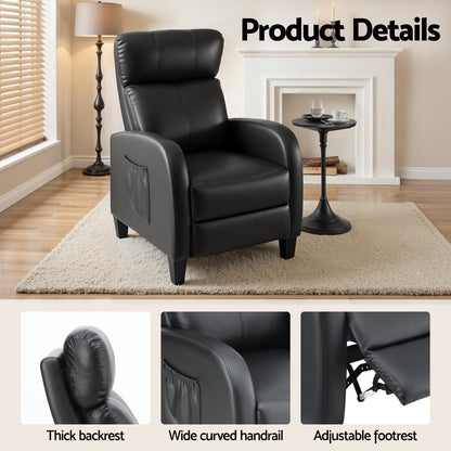 Artiss Massage Recliner Chair Small Recliner Sofa for Adults PU Leather Black-Furniture > Bar Stools &amp; Chairs > Arm Chairs &amp; Recliners-PEROZ Accessories