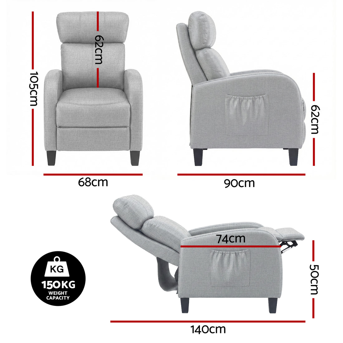 Artiss Massage Recliner Chair Small Recliner Sofa for Adults Fabric Grey-Furniture > Bar Stools &amp; Chairs > Arm Chairs &amp; Recliners-PEROZ Accessories